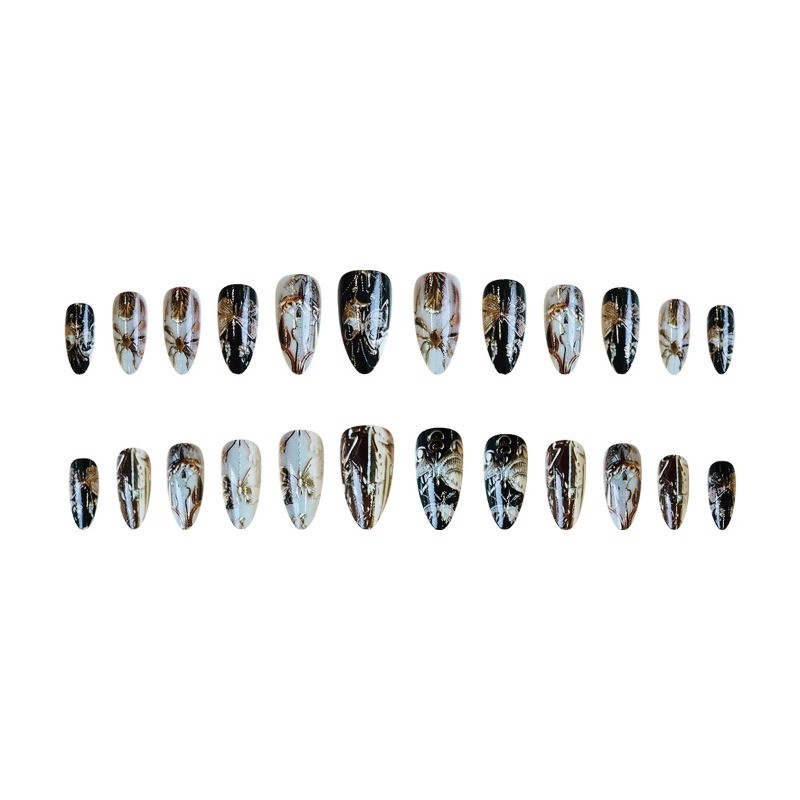 48pcs-Abstract Gold Foil Press on Nails, Almond Black & White with Art Design