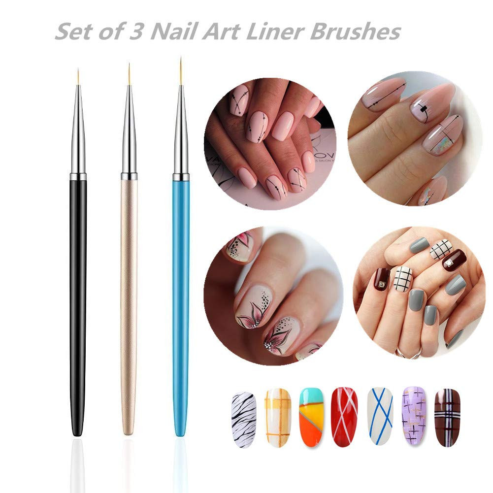 3PCS Nail Art Liner Brushes, UV Gel Painting Acrylic Nail Design Nylon Brush, Na