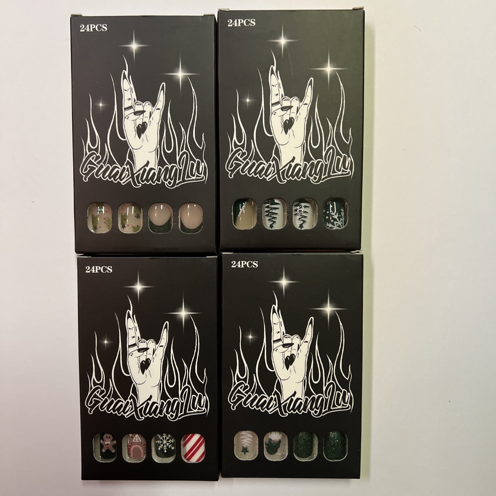 Christmas Set x4 96 Pcs Short Square Press On Nails French Manicure Design NEW