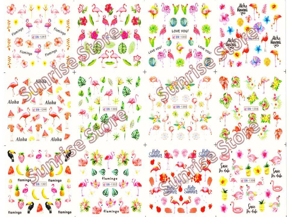 Nail Art Water Transfer Sticker Flamingo Bird Flower Green Leaves Floral Decals