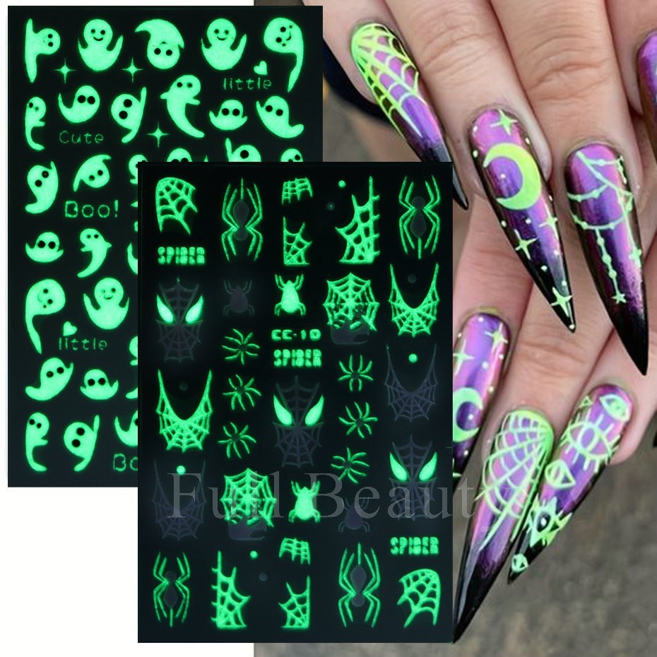 4Pcs Glow in The Dark Halloween Glitter Nail Decals Ghost Spider Web Skull NH30