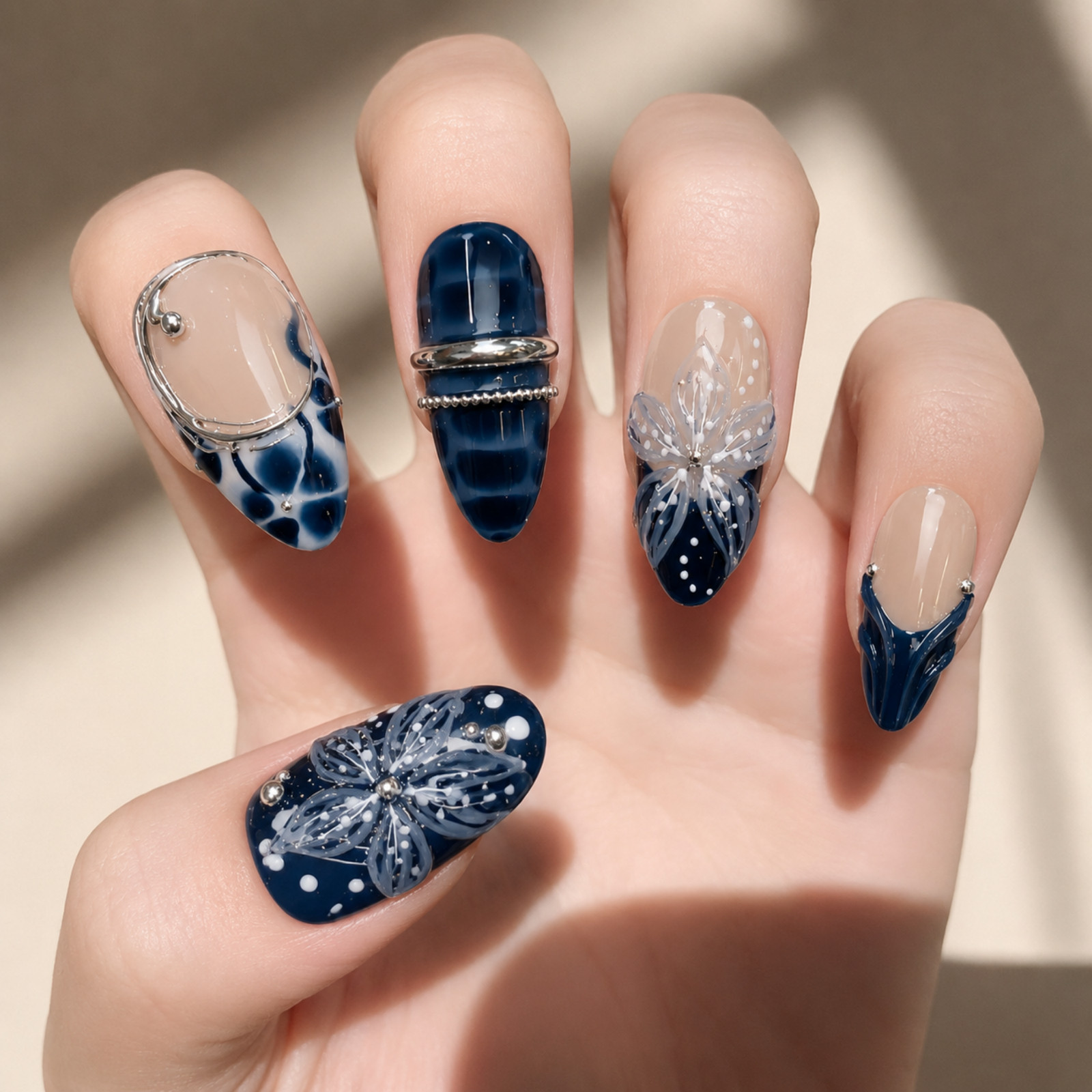 Handmade Navy Blue Nude 3D Floral Press On Nails Silver Chrome Set