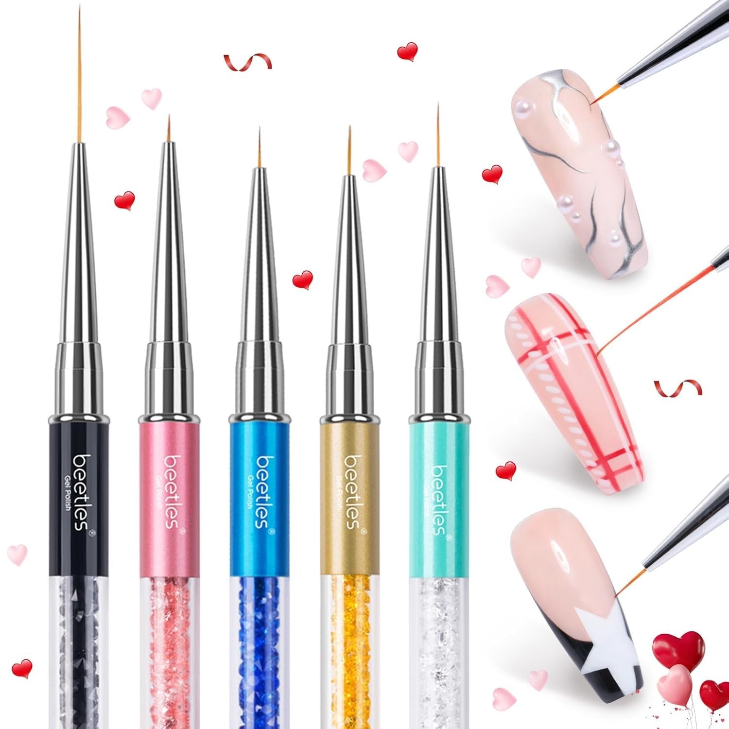 Nail Art Liner Brushes Set 5Pcs for Drawing and Design with Rhinestone Handle