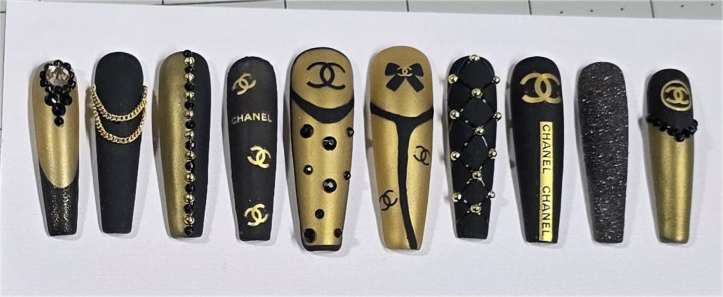 Luxury Gold Rose Pink Black 10 pcs Full Set Press On Nails Long Coffin M + Kit