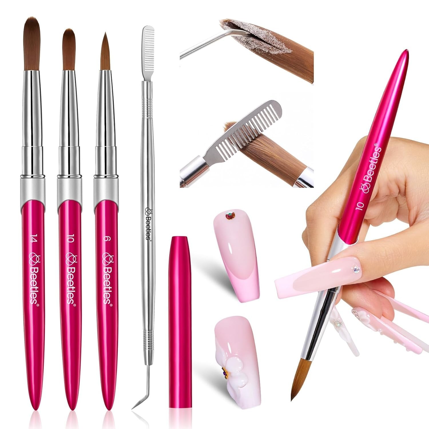 Professional Acrylic Nail Brush Set 3 Sizes with Steel Comb for Easy Cleaning