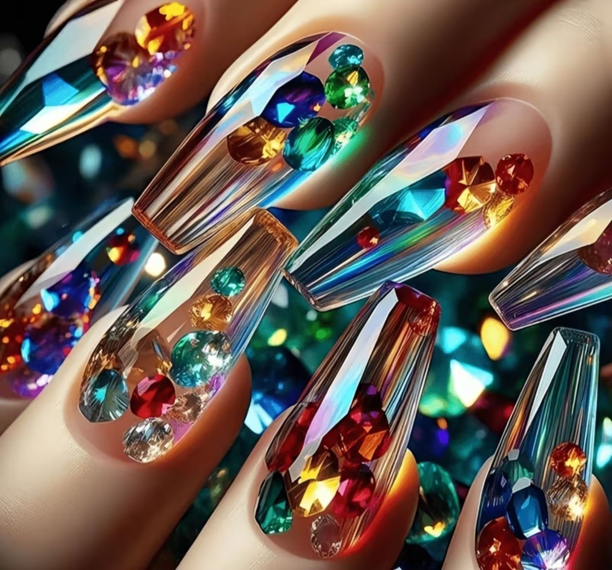 Set Blue and Red Contrast Color Dazzling Gemstone Long Nails, BUY 1 GET 1 GREE