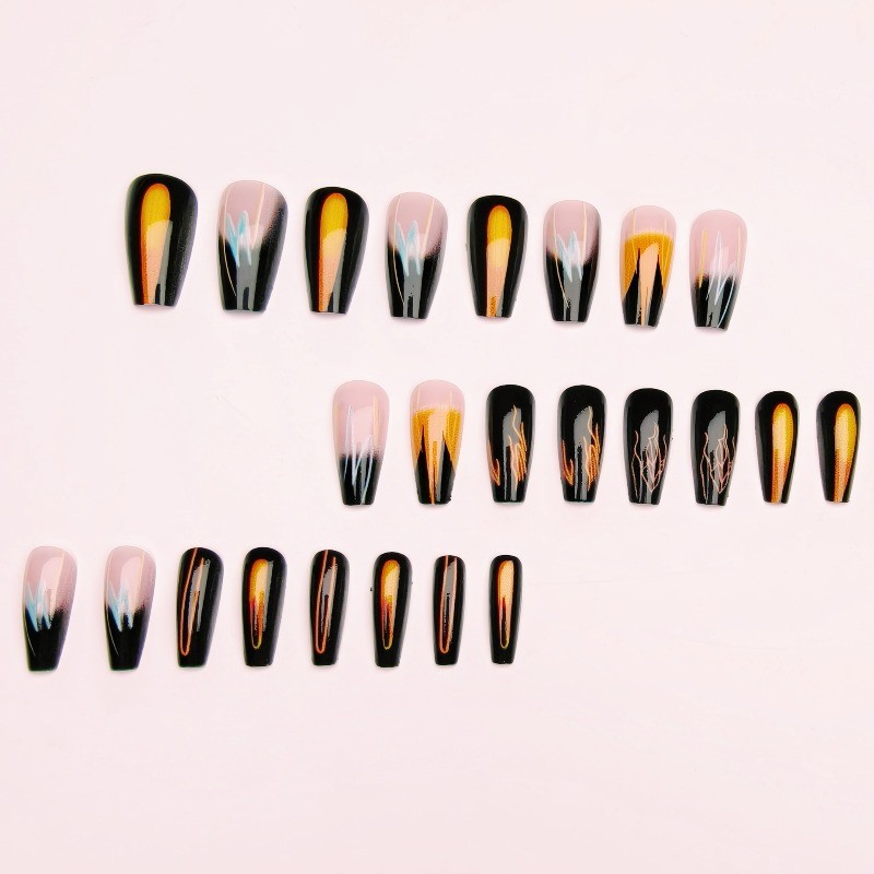 48pcs-Neon Flame Fake Nails, Glossy Black Stiletto with Orange Gradient Accents