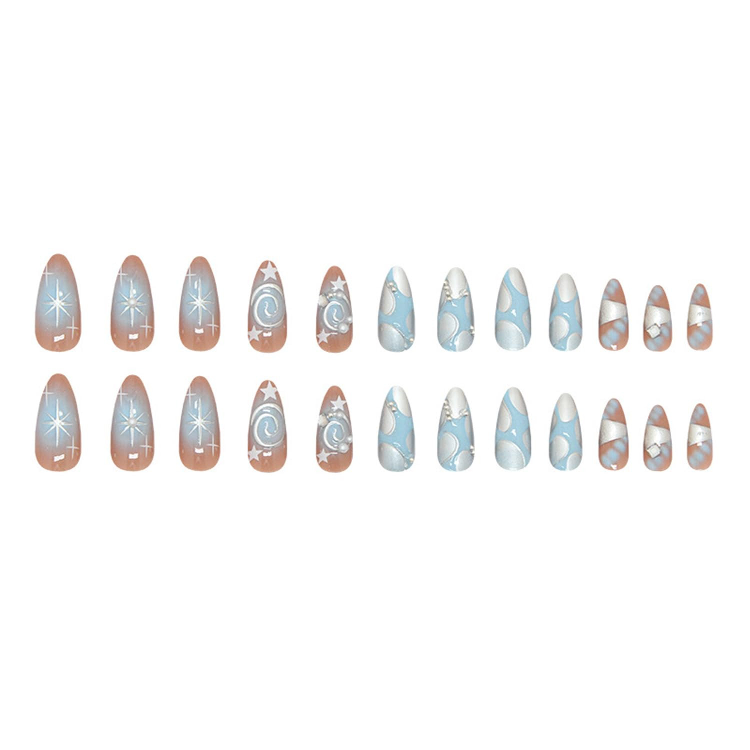 24Pcs Almond Press on Nails Medium Fake Nails with Silver Star Irregular Lines P