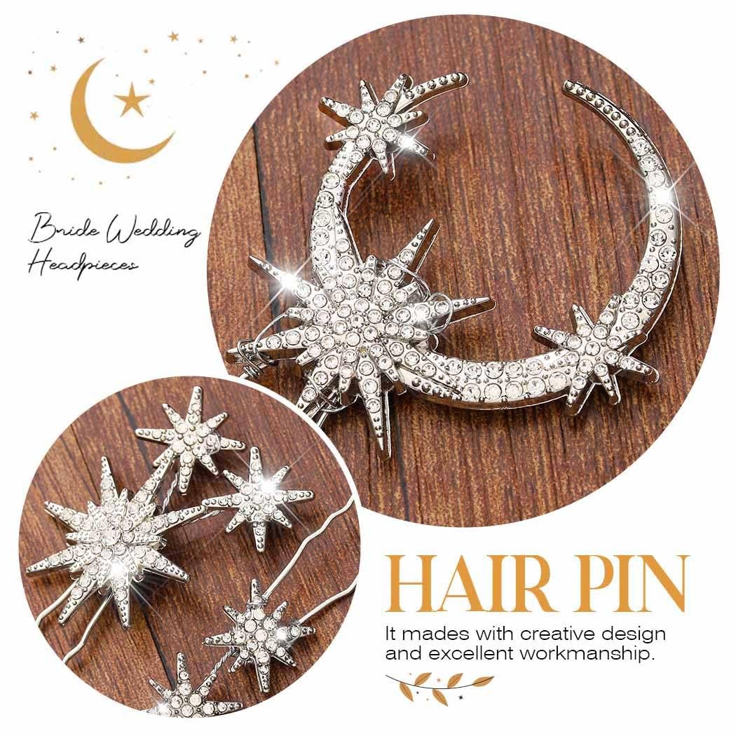 Unicra Star Moon Bride Wedding Hair Pins Crystal Bridal Pieces Silver