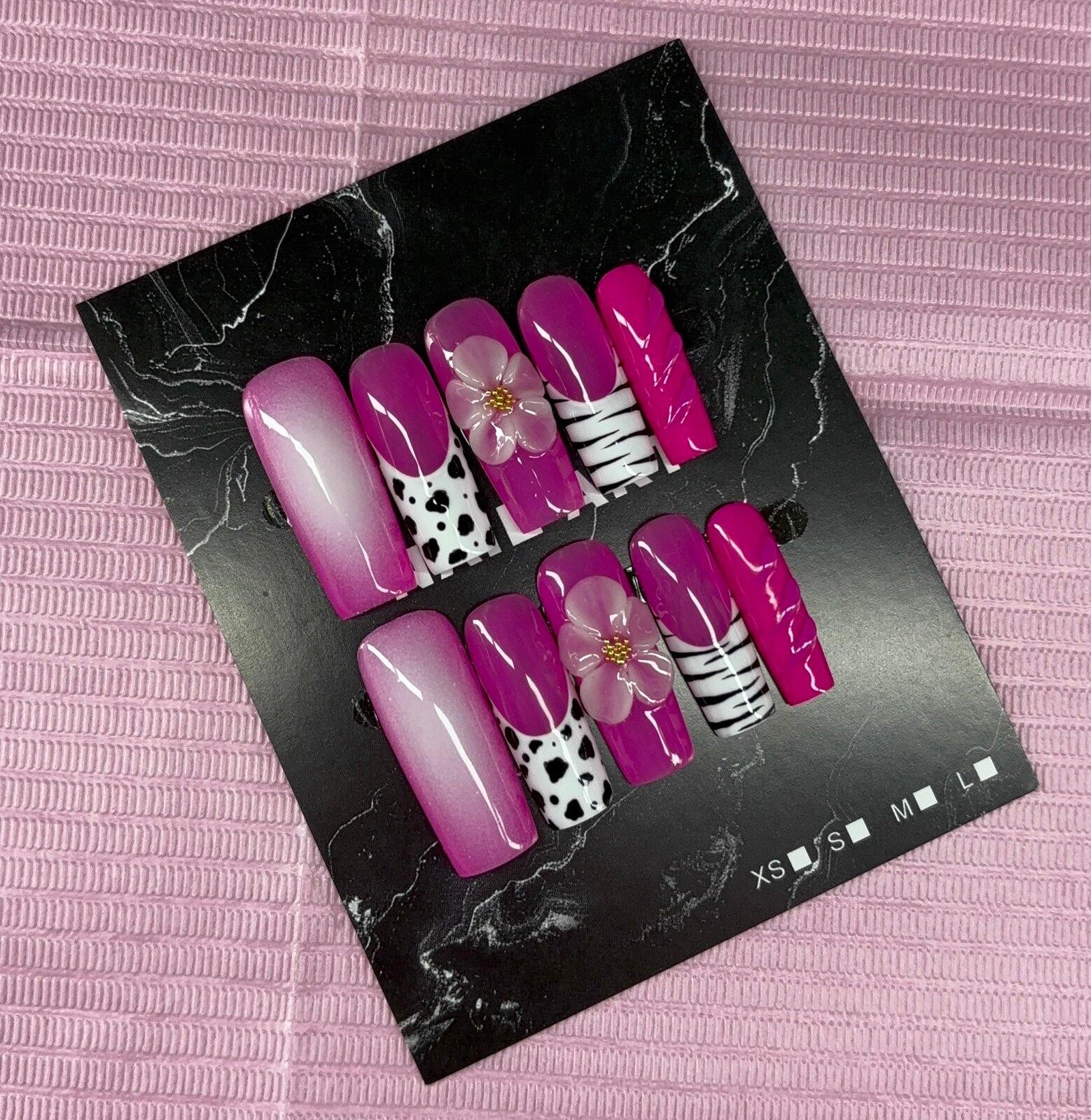 Long square press on nails animal print 3d gel flower aura