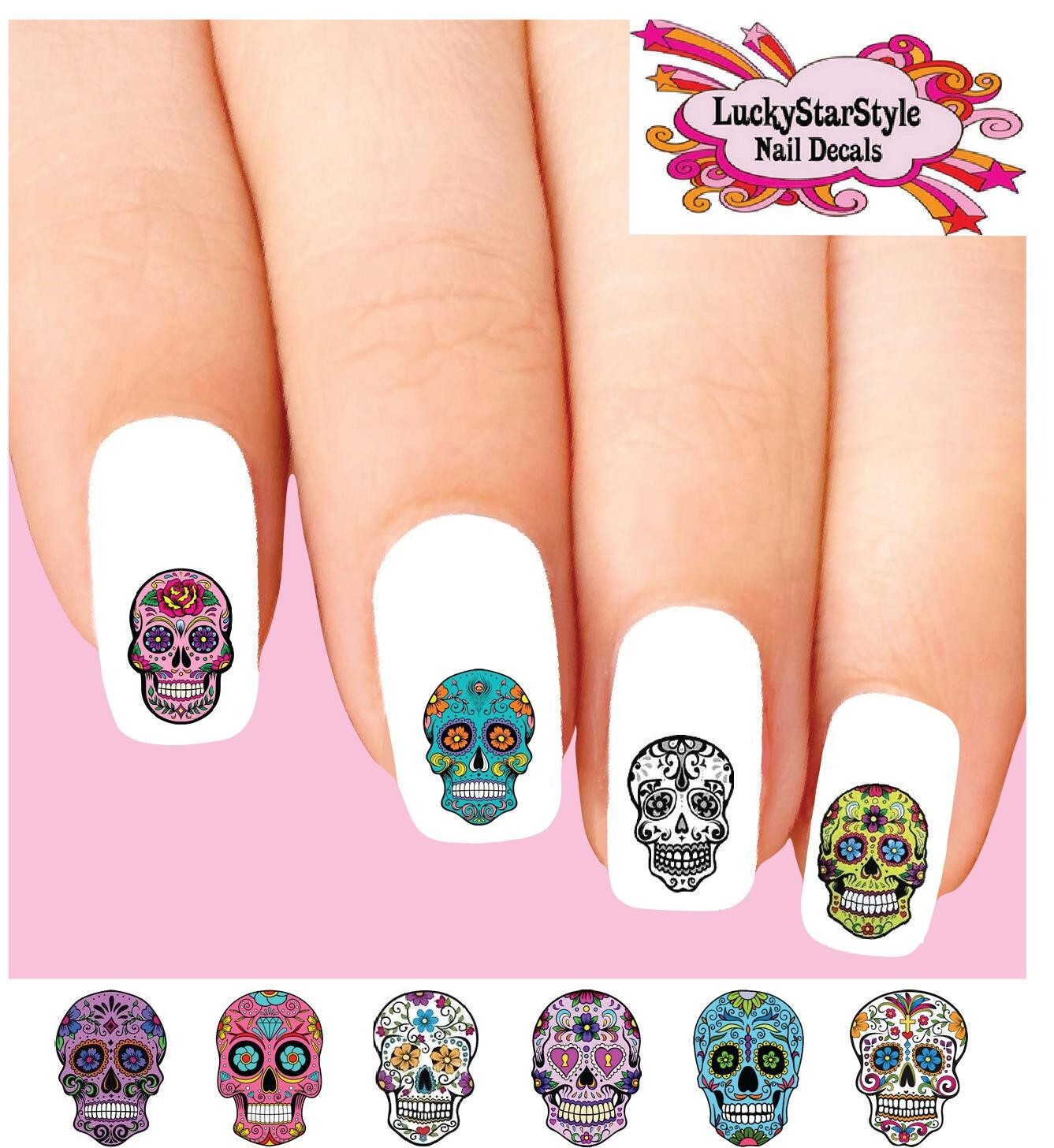 Waterslide Skulls Nail Decals Set of 20 – Day of the Dead Sugar Skull Assorted