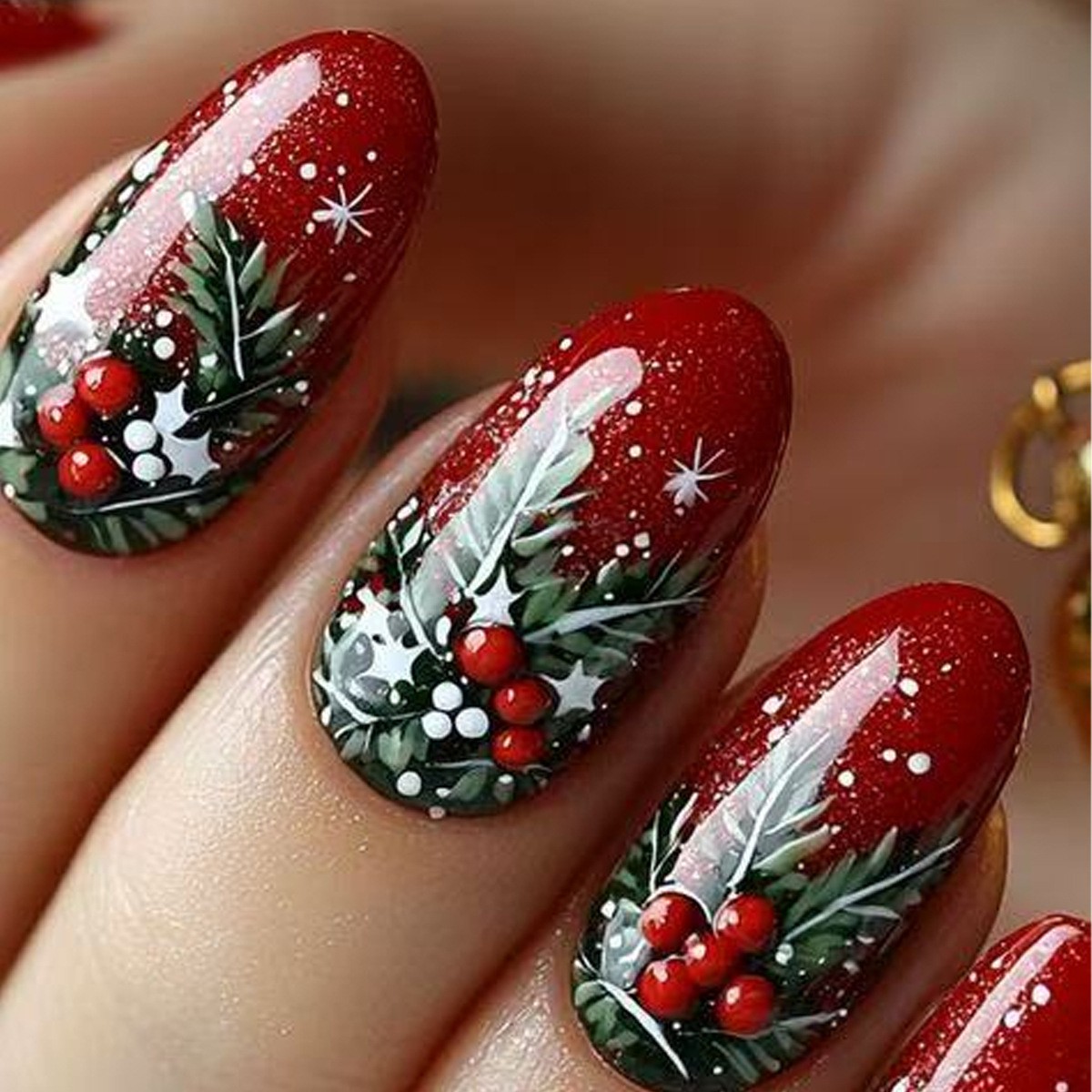 48pcs Christmas Press On Nails Oval Red Glitter Berry Reusable Festive Gifts