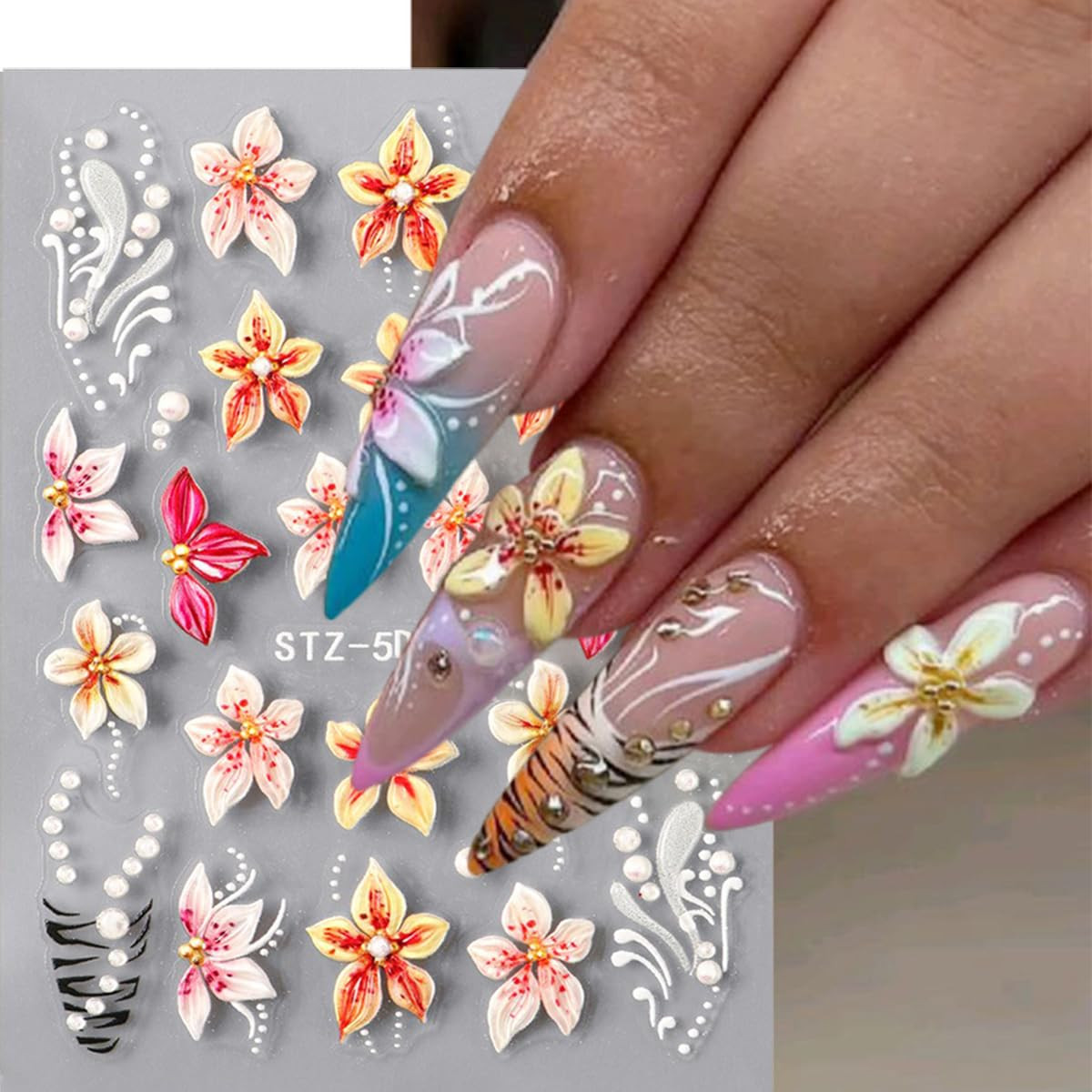 5D Flower Nail Stickers for Nail Art,5D Embossed Flower Nail Art Stickers Decals