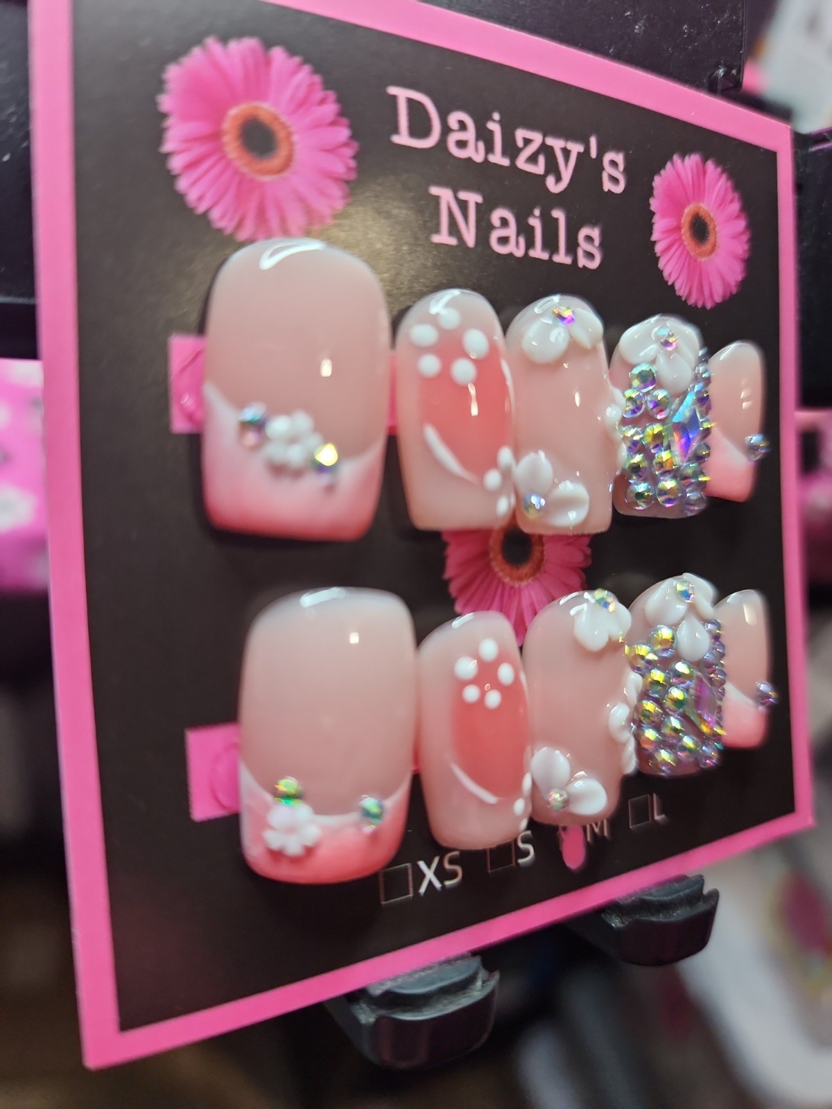 Medium Size Press-on Nail 10Pc Set Handmade Squoval Pink 3D Bling 2.0 Cm Length