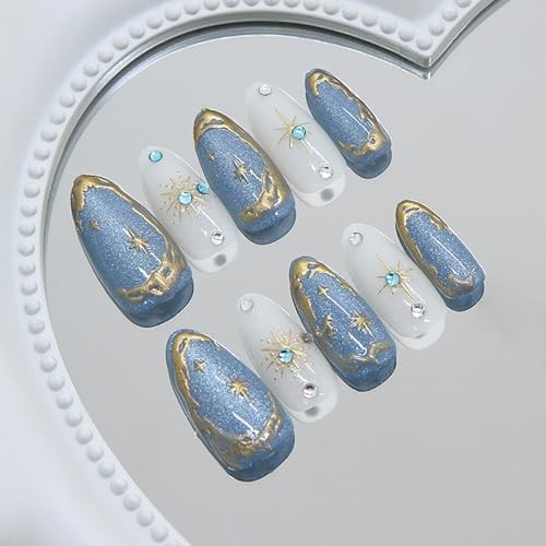 Medium Almond Press on Nails 3D Cat Eye Fake Nails Irregular Gilded Almond-M9