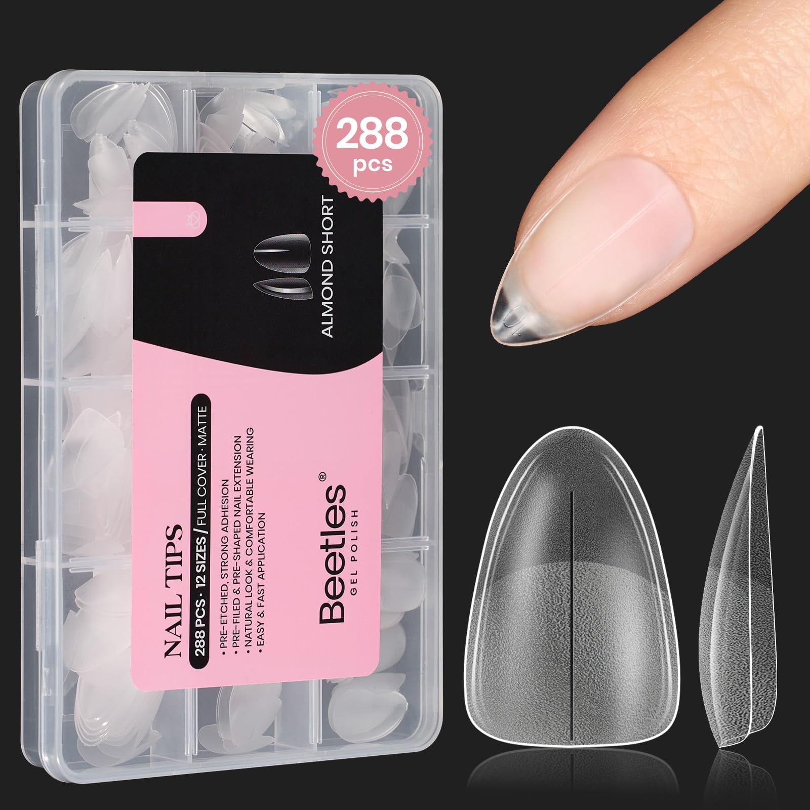 Beetles Short Almond Nail Tips – 288PCS 12 Almond, 288Pcs