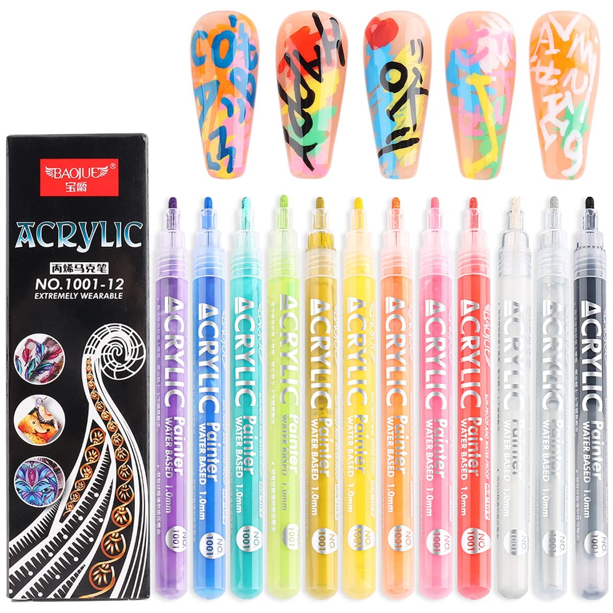 Nail Art Graffiti Pen Set 12pcs Waterproof Drawing Markers Neon Enamels Black