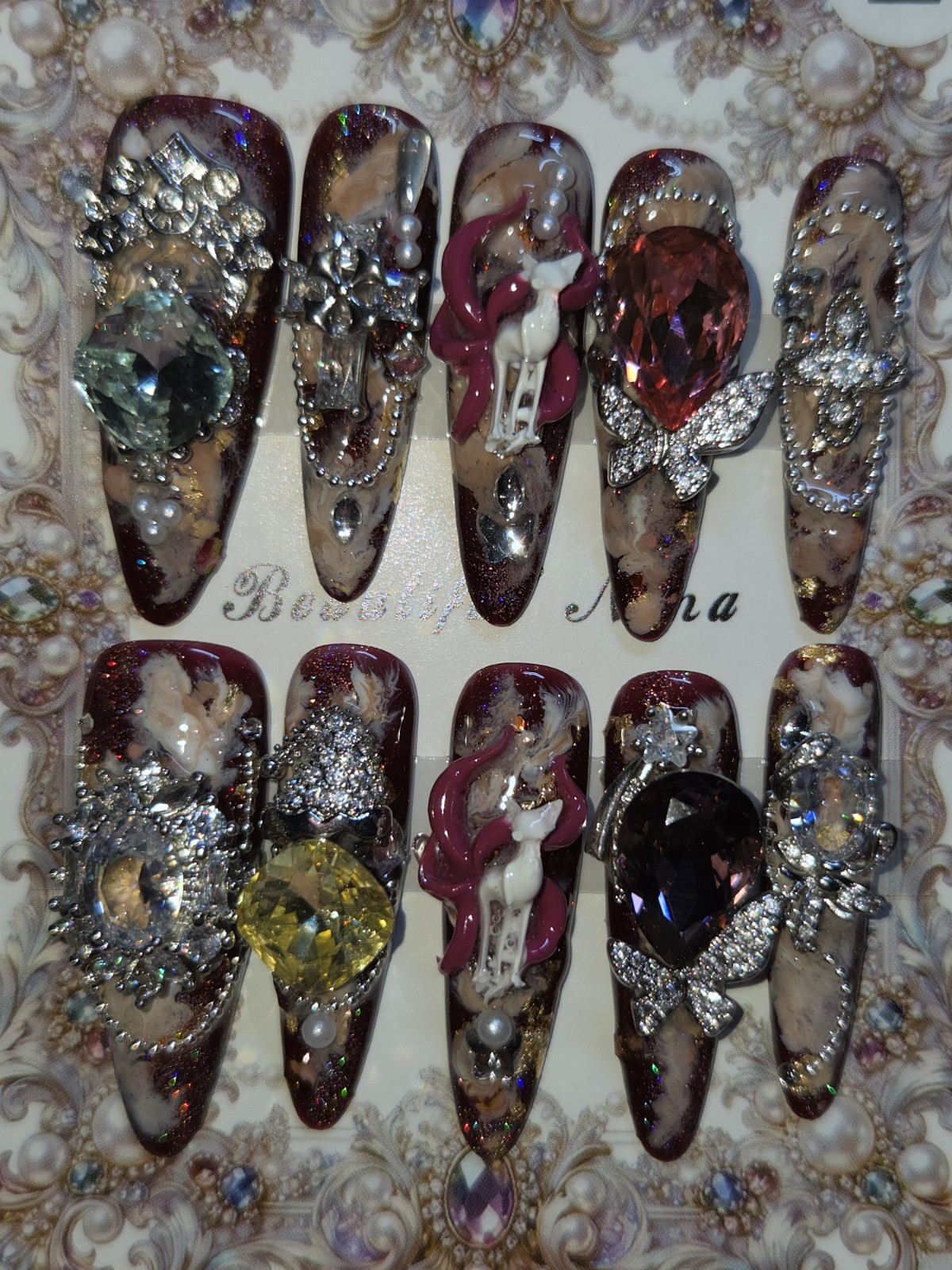 Press On Nails Handmade Large Dark pink, large charms, Chinese Fox