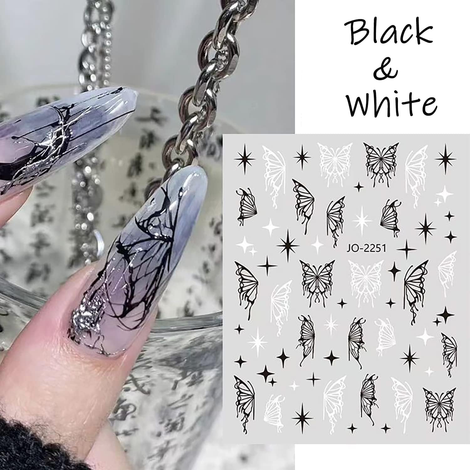 Butterfly Nail Art Sticker Decals, Laser Silver Black White Butterflies Nail Sel