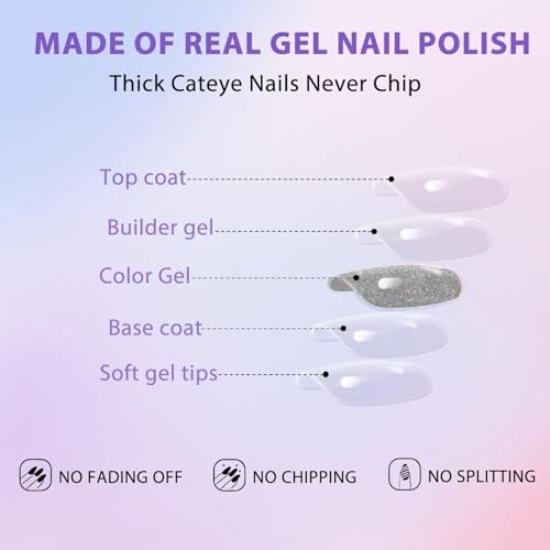 Royal Blue Cat Eye Press on Nails Short, 30 Pcs 15 Sizes glass royal blue