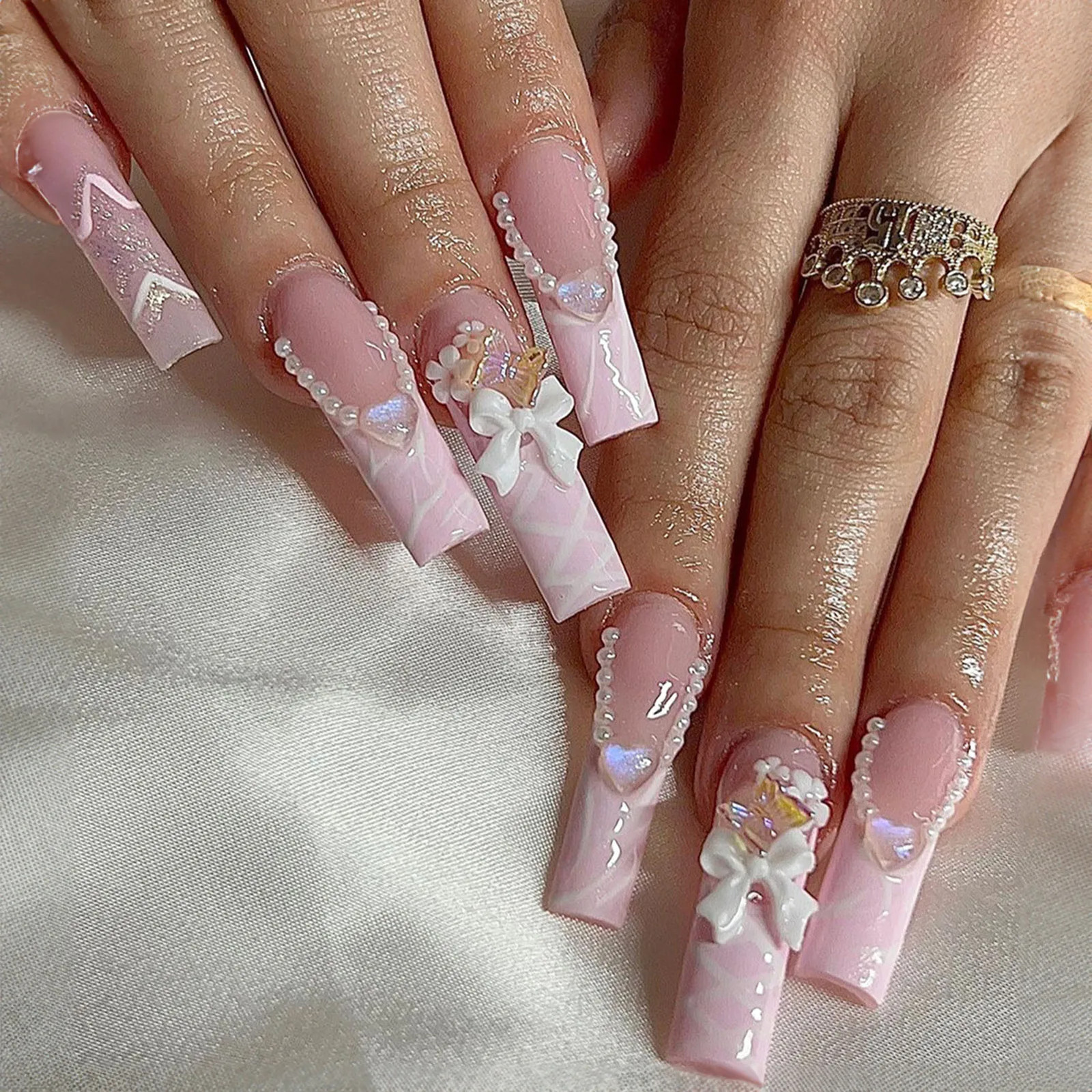24Pcs French Bow 3D Flower Coffin Ballet Bride Press On Nails