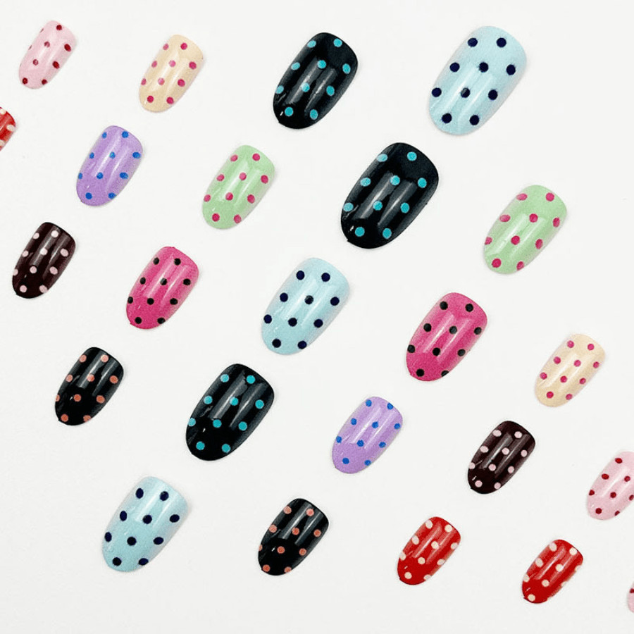 48pcs Oval Press on Nails, Multicolor Polka Dot Glossy Y2K Trendy Nail Art