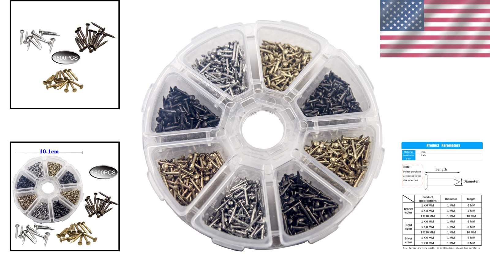 1600pcs Tiny Nails Gold Silver Bronze 1x6mm-1x10mm Set