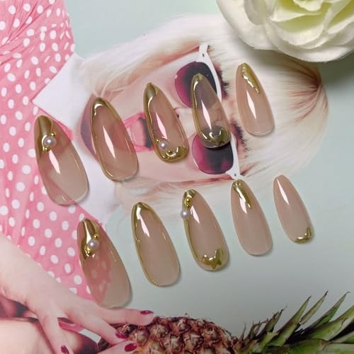 Almond Press on Nails Medium Glue on Nails Gold French 3D Gold Lines & Pearl