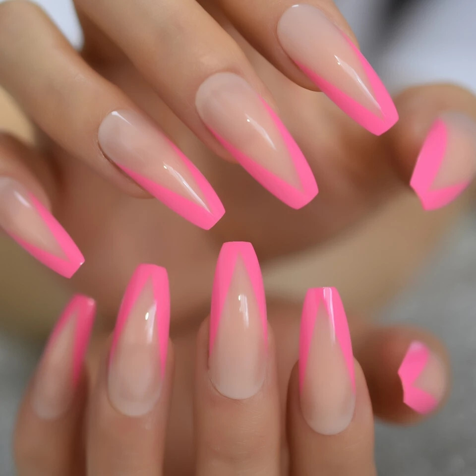 24 Press on Nails kit w Glue extra long Coffin nude hot pink neon