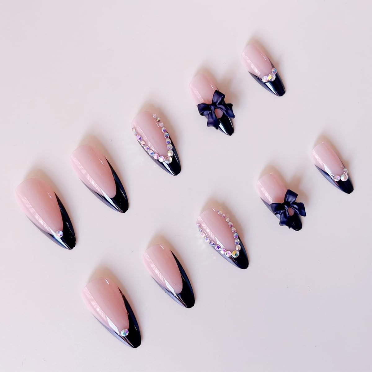 24pcs Press On Nails Medium French Tip Black Almond Shape Fake Nails 3D Bow A…