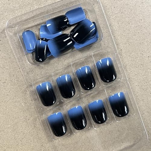Square Press on Nails Short Fake Nails Ombre Black French Tip 01206b BlackBlue