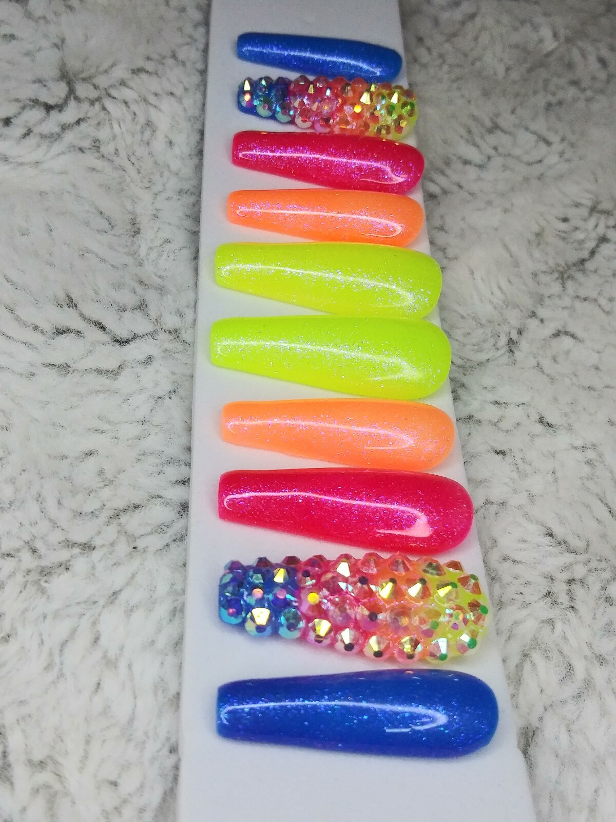 Neon Rainbow ombre bling nails w/ crystals Gel Press On nails long full set