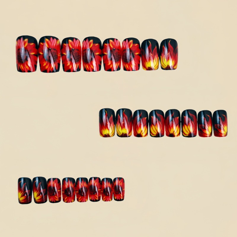 48 Pieces of Black Base Flame Sunflower Fake Nails – Removable Nail Art
