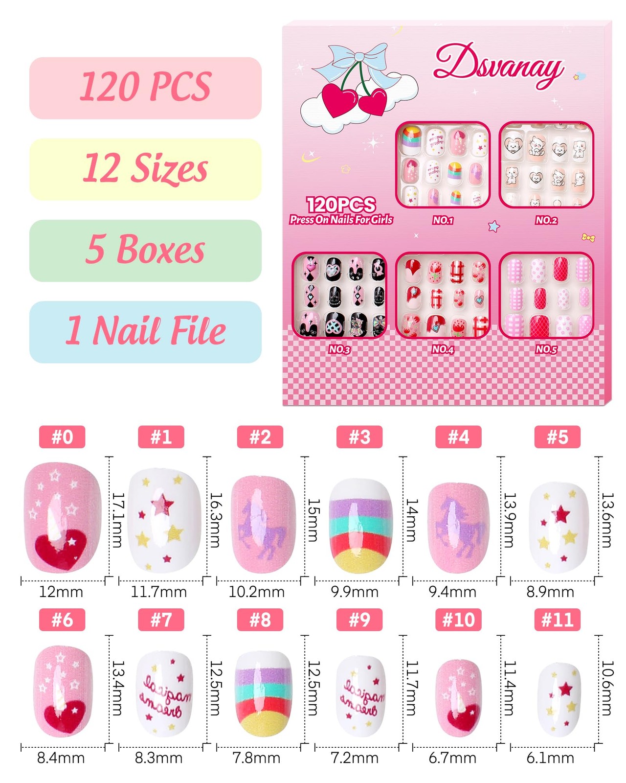 120PCS 5 Pack Press on Nails for Kids,Tweens Girls Soft Fake Nail Kit, Reusab…