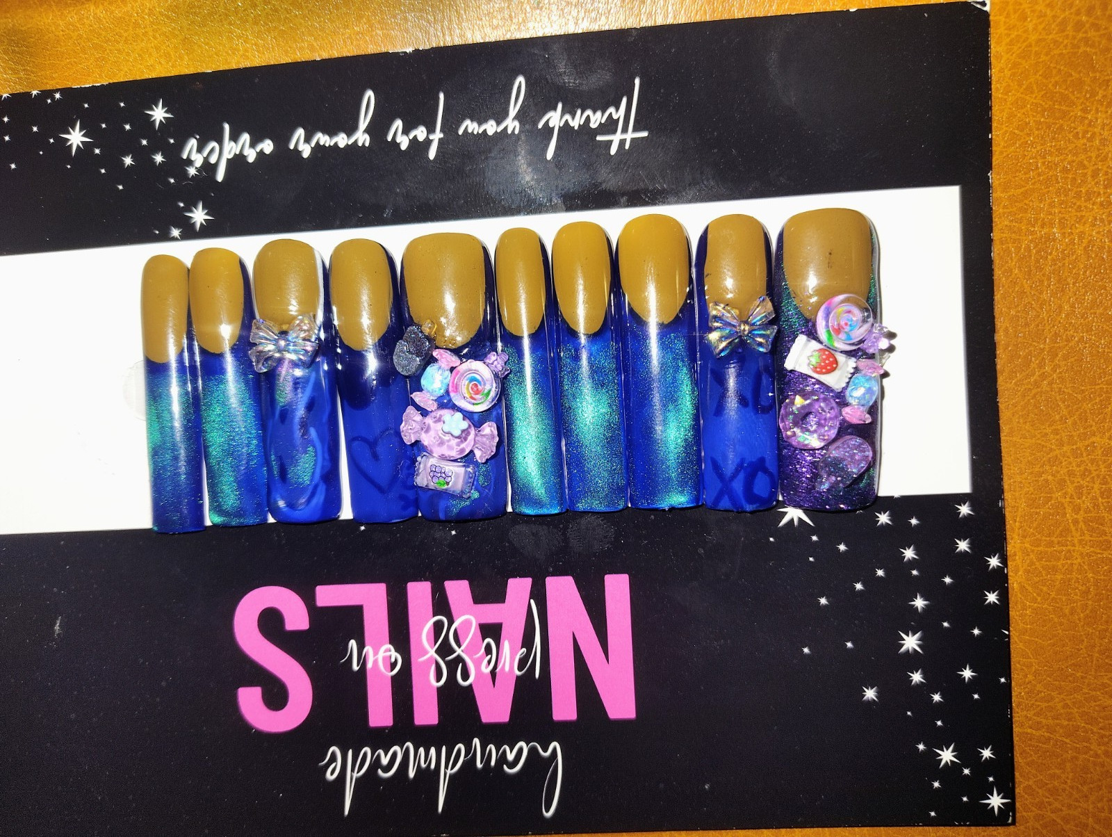 Handmade Square Long Press-On Nails Blue Gold Candy 3D Full Cover
