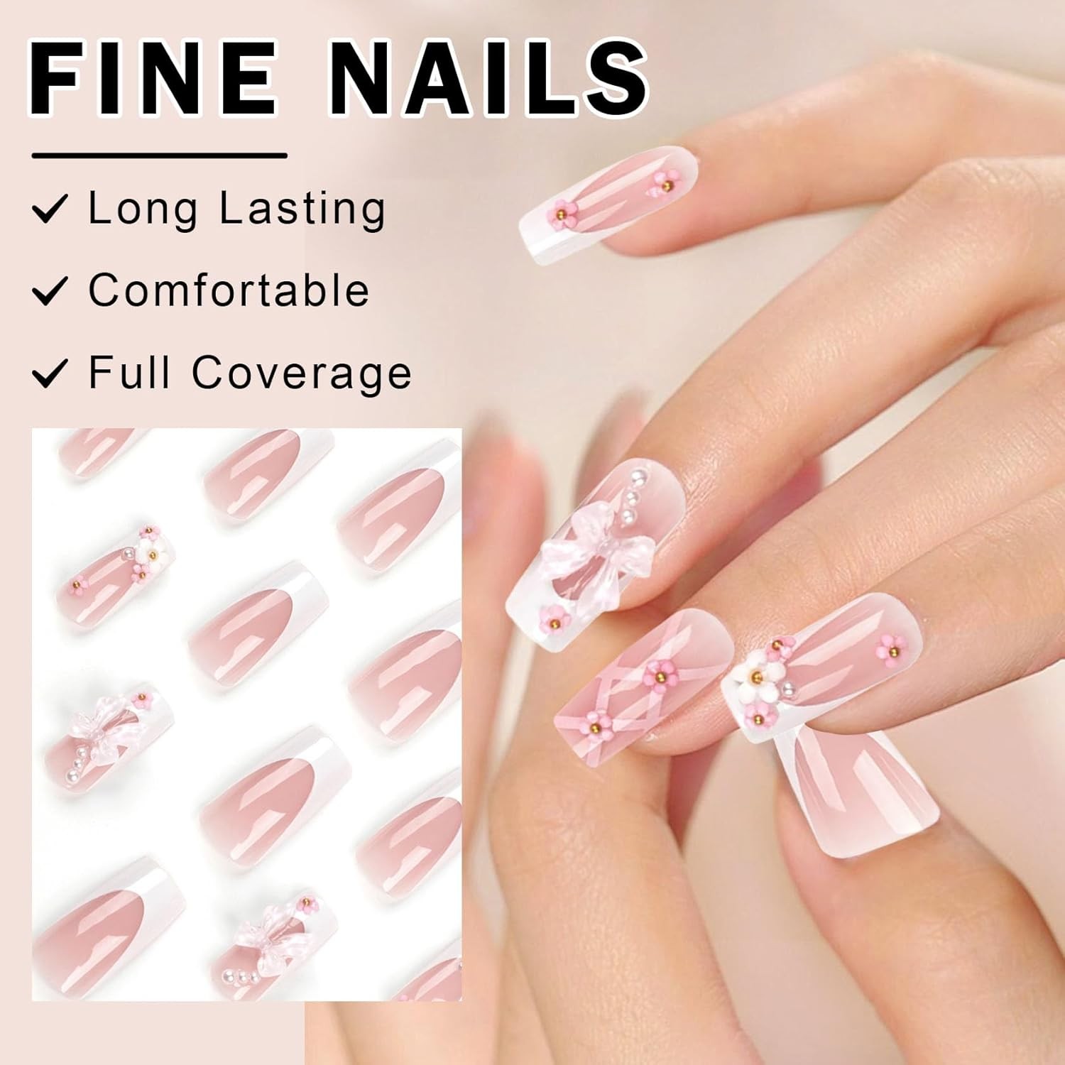24x French Press on Nails Medium Rhinestone Pink Fake Nails Almond Bling Glossy