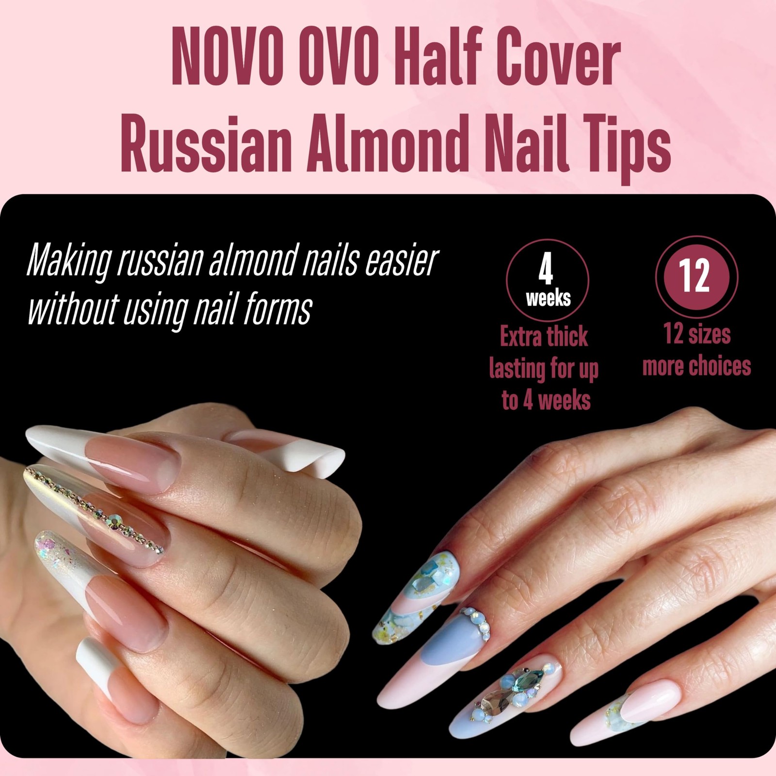 Nail Tips Russian Almond Round Oval, Soft Gel x Acrylic Half Cover Nail Kit f…