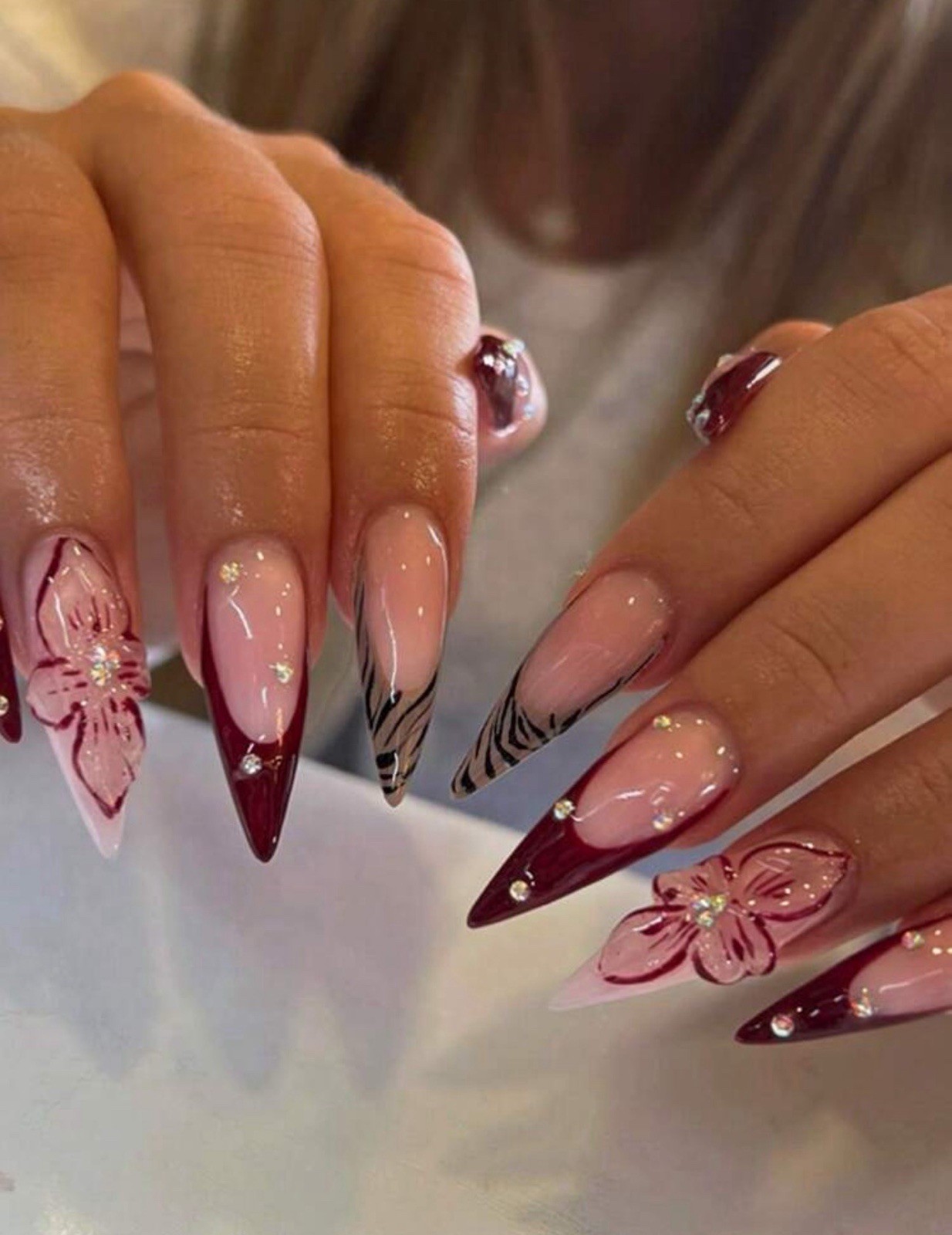 ENEN Medium Almond 3D Floral Press-On Nails Pre-Designed Pink Burgundy