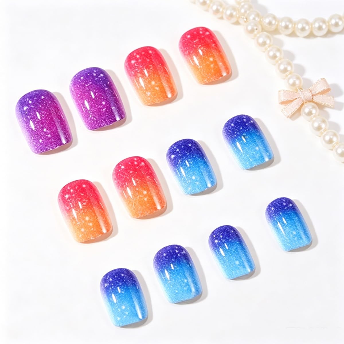 24Pcs Glitter Press on Nails Short Square Fake Nails colorful fake nails-13