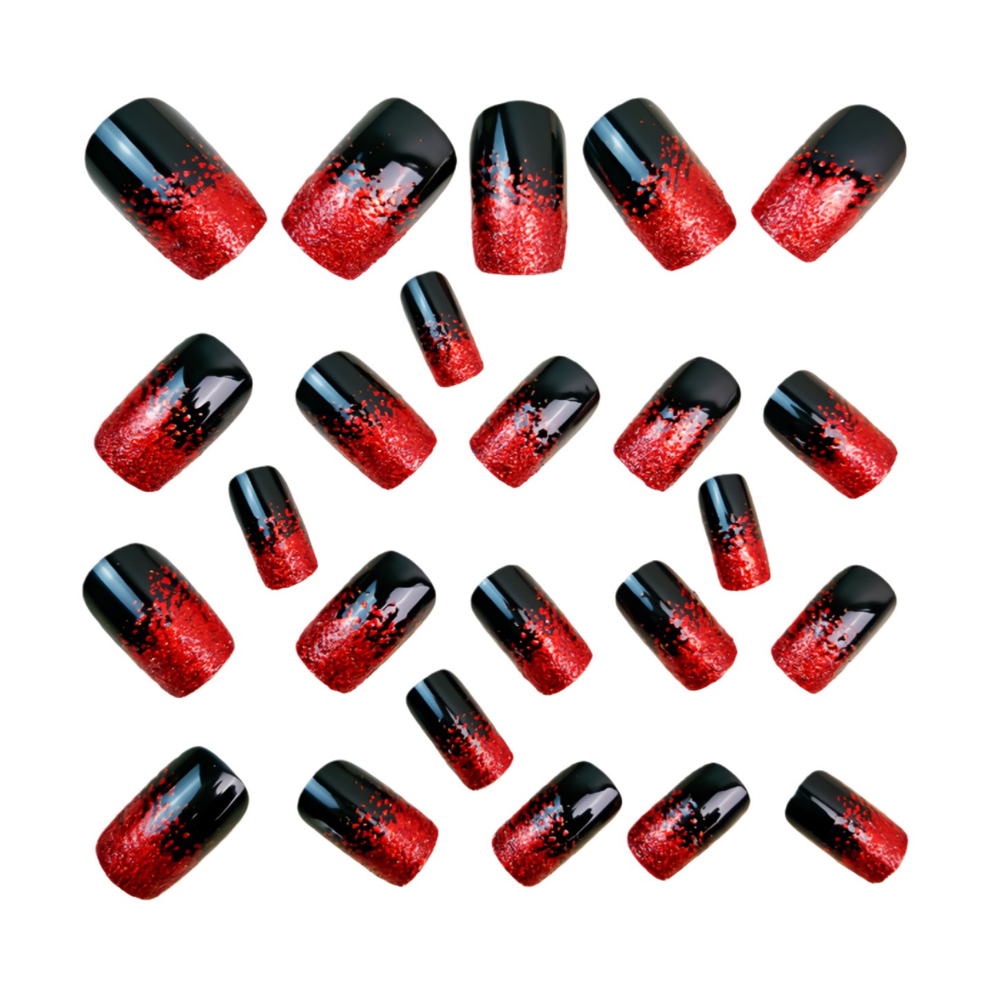 48 Pcs of Red Glitter Gradient Medium To Long Oval Nail Art, Suitable for Women