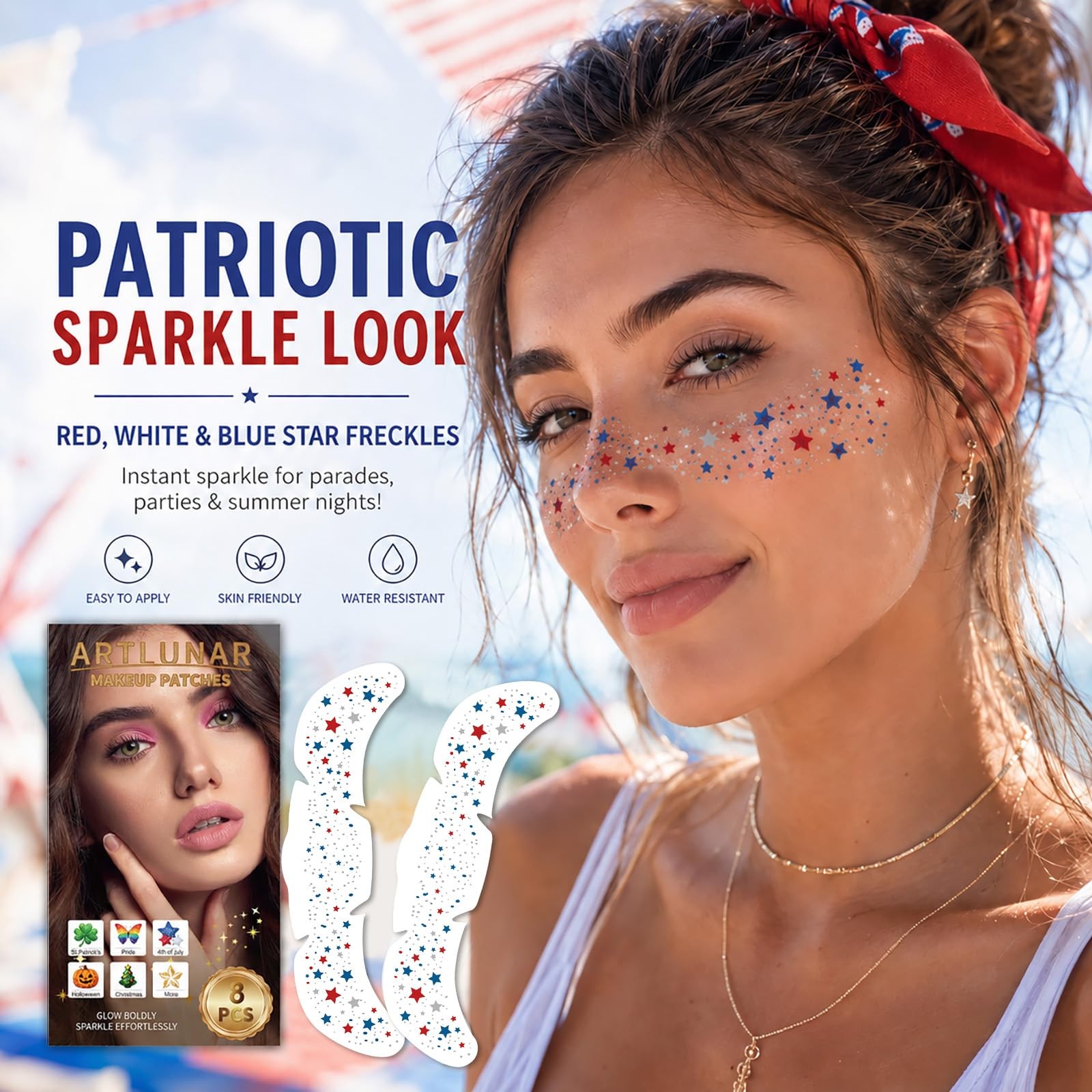 8 Pcs Red White Blue Star Freckle Stickers with Silver Glitter Powder for Face,