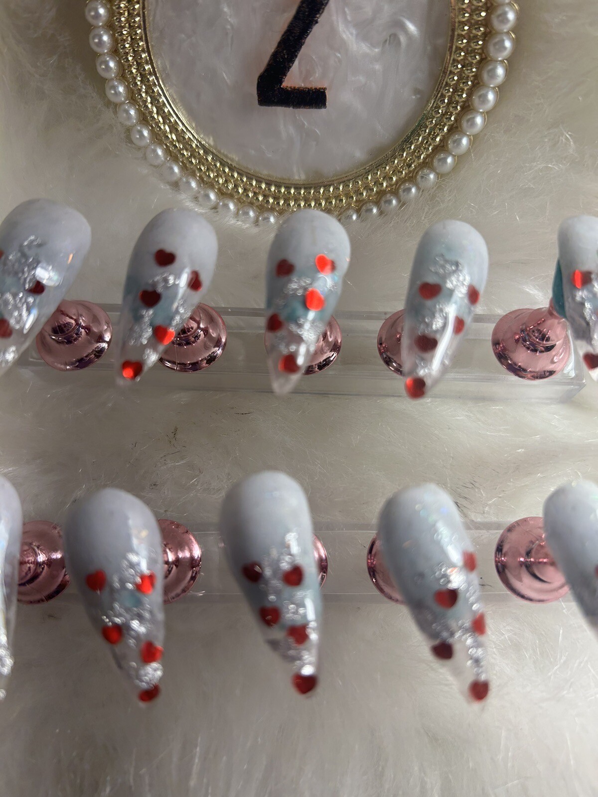 Z NAILZ! Handmade L Stiletto Set of Clear W/White Cuticle. Red Hearts Press Ons