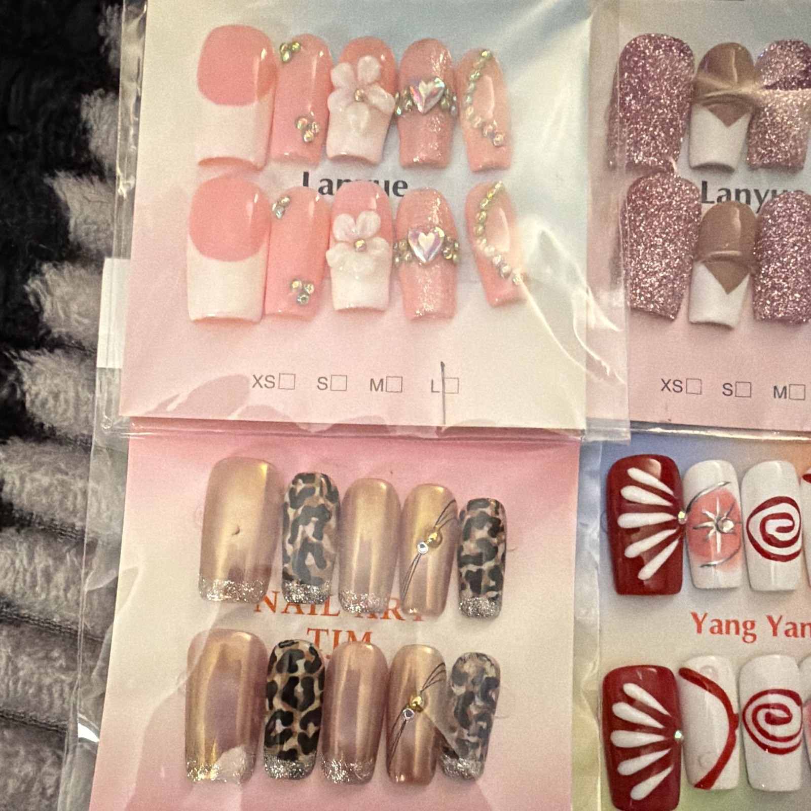 Mixed Brands Press-On Nails Long Square 3D Shiny Glitter Floral Multicolor