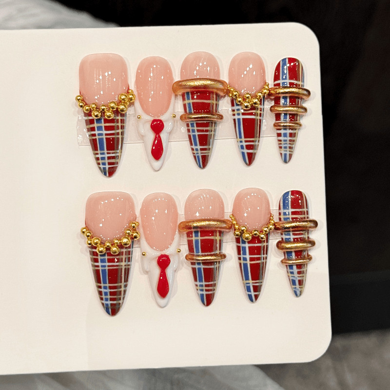 100% Handmade Press on Nails Red Plaid Tie Gold Bead Metal Ring Nail Art Nails
