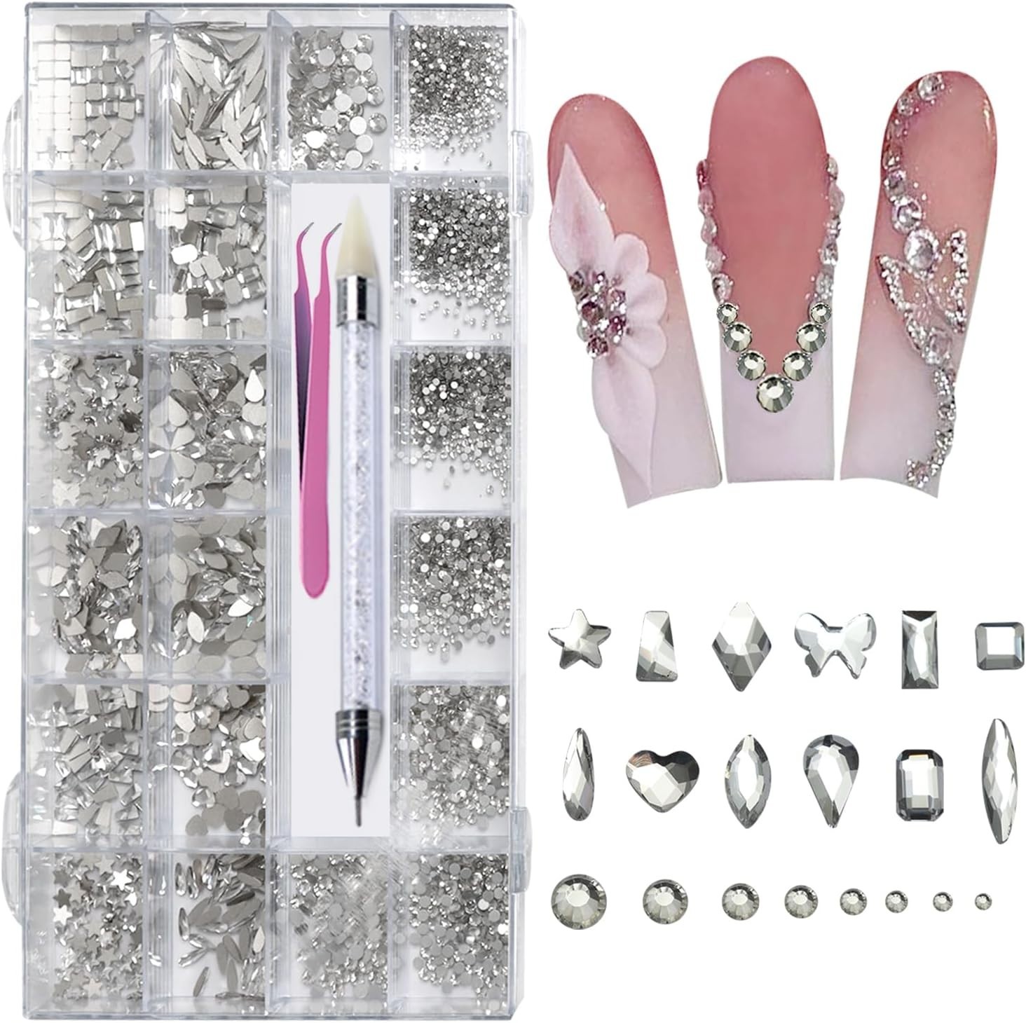 6080pc Sliver Nail Art Rhinestones w/ Multi Shapes 3D Flatback Crystals Diamond