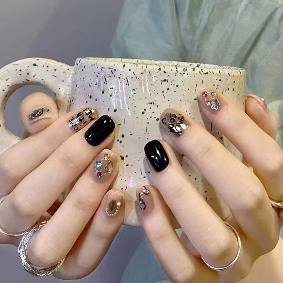 48Pcs Letter Rhinestone Press on Nails,Short Square Black Nude Trendy Fake Nails