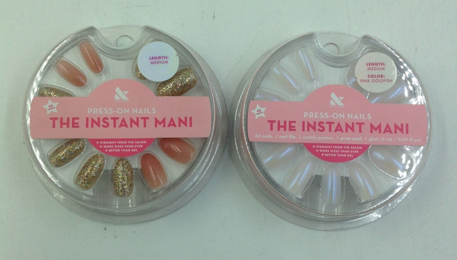 Olive & June Press-on Artificial Nails Glitter Pink Goldfish Medium Length Lot 2