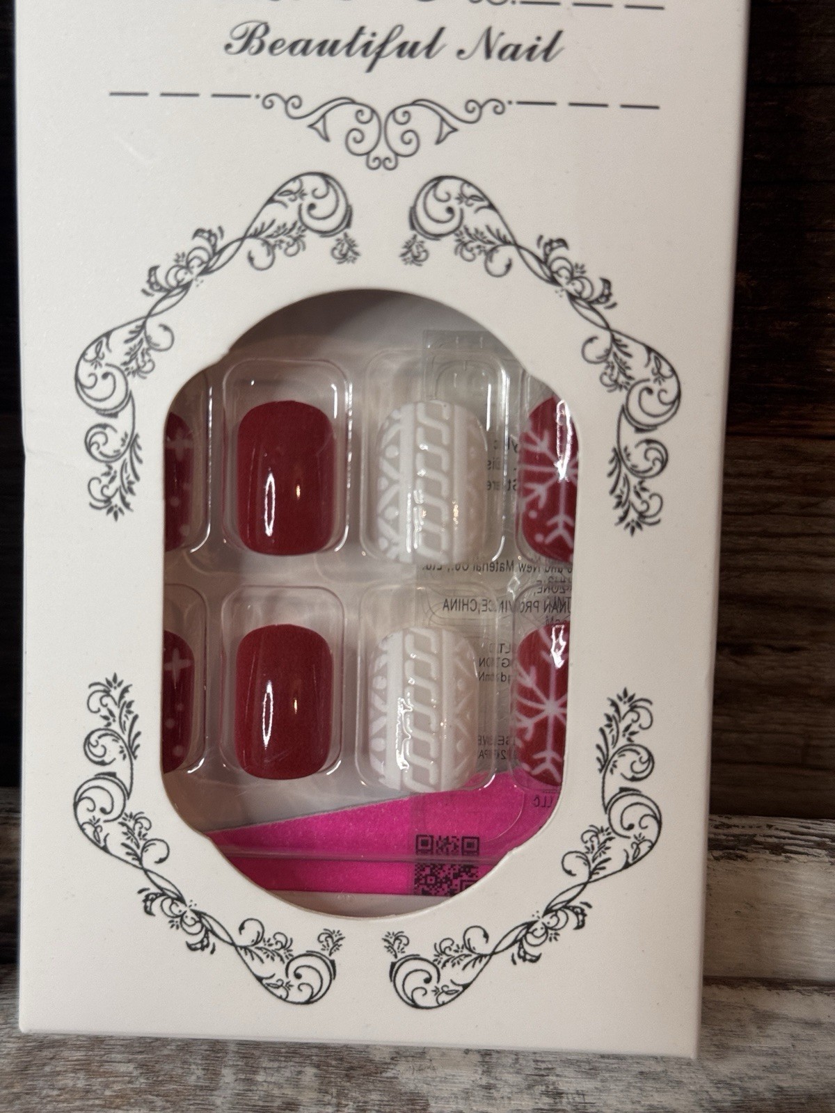 Set of 2 Press-On Nails, Snowflakes on Black Coffin; Red & White Knit Square