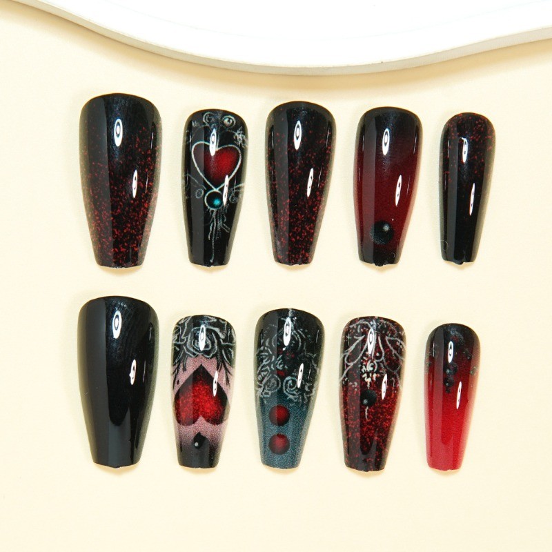 48 Pieces of Long Ballet Black Red Heart-shaped Rose Metal Reusable Nail Art