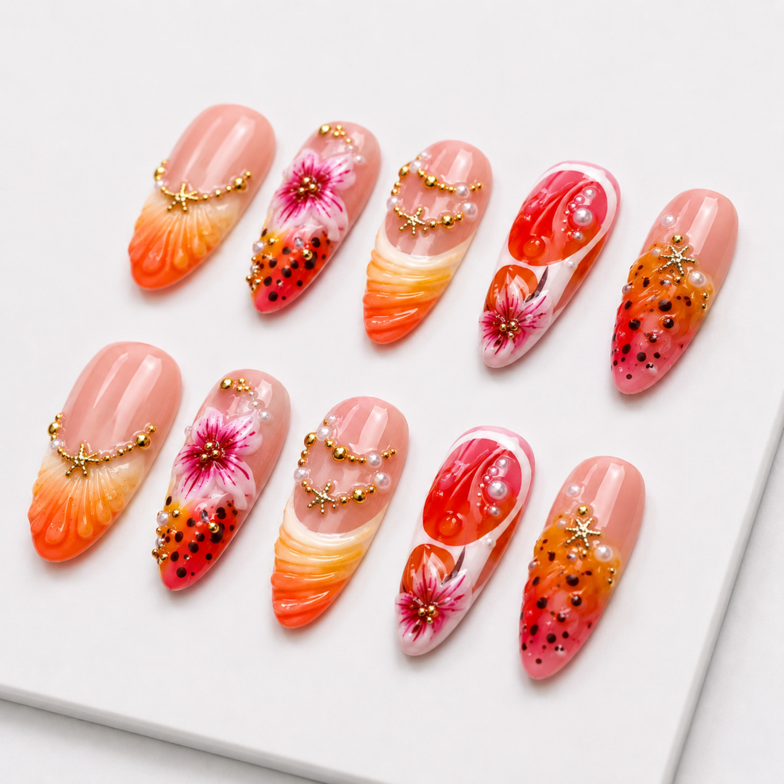 Handmade Tropical Floral Press On Nails Pink Orange Pearl Starfish